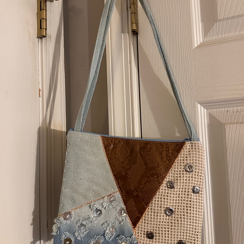 Patchwork Shoulder Denim Bag With Sequins Embelli… - image 2